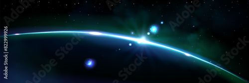 Planet horizon blue glow with rays and sparkle. Realistic 3d vector illustration of sunlight at dawn or dusk view from space. Fantasy universe sunrise or sunset light. Earth cosmos star rise.