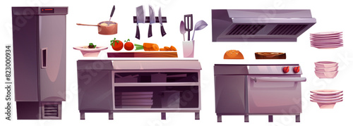Restaurant chef kitchen interior to cook food. Professional commercial cooking equipment isolated cartoon set. Catering preparation with counter, fridge and stove. Business dinner serve in cafe