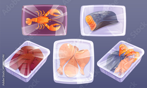 Frozen seafood and meat in plastic package with polyethylene wrap. Cartoon vector set of cold raw food products in tray container with transparent packet. Grocery supermarket refrigerator packaging.