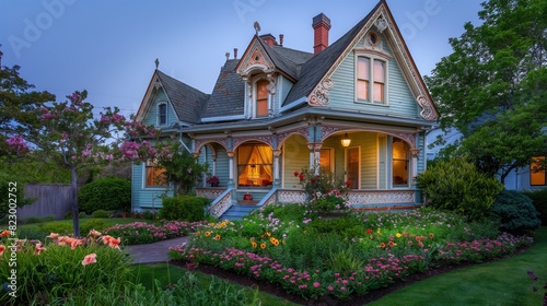 A charming, brightly painted Victorian home with ornate trim and a quaint front porch, surrounded by blooming flower beds at dusk. 32k, full ultra hd, high resolution