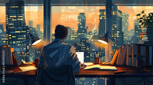 An employee concentrating on work at a shared office desk, surrounded by books, documents, and a cup of coffee, with a window view of the city skyline