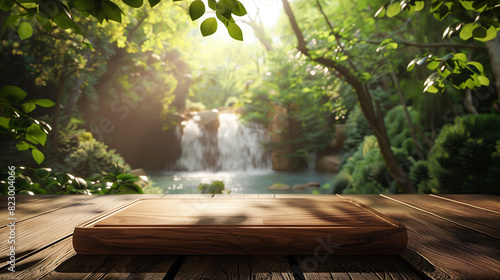 3D render of a wooden cutting board on a wooden table in a forest setting with green leaves and sunlight filtering through the trees, background slightly blurred to emphasize the board. 