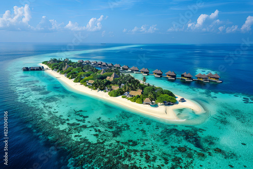 Aerial view of Maldives island beach fringed by azure waters
