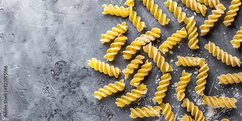 Raw pasta spirals on a black background