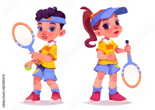 Kid tennis plater character vector illustration. School court athlete with racket and ball. Two children sport workout competition in cap and uniform graphic collection. Pitch boy posture with shadow