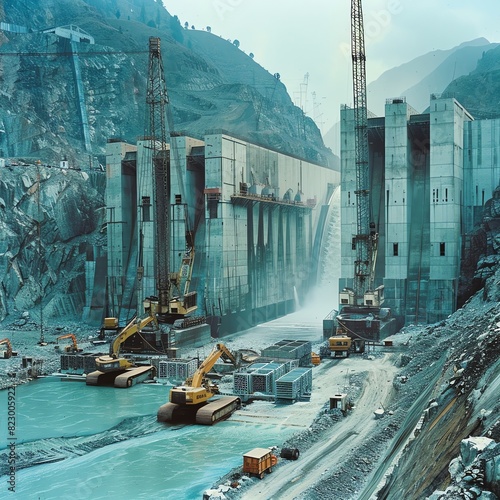 A powerful image of advanced dam construction in progress, showcasing heavy machinery lifting massive concrete blocks into place, illustrating modern engineering techniques and the scale of such proje