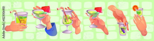 Drink toast with cocktail in hand. Woman holding alcohol beverage glass with martini to cheer. Whiskey, gin and tonic to celebrate birthday with friend company. Festive holiday friendship design
