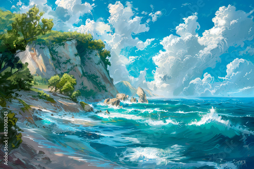 Painting with coastal scene with cliffs, beaches, and crashing waves for interior design and decoration