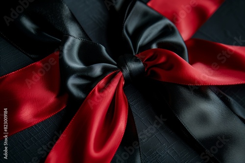 : A close-up of a black and red silk satin ribbon elegantly tied in a bow, the soft pleats catching the light against a luxurious dark background. Festive concept. Banner. Flat lay, table top view.