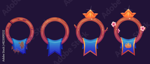 Fantasy ui game circle avatar rank level frame. Round interface border button design. Medieval gui badge ring asset kit. Royal achievement emblem award. Wooden circular rpg title progress banner.