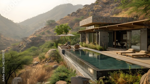 A serene Indian retreat tucked away in a remote valley, its earthy tones and natural materials blending harmoniously with the surrounding landscape