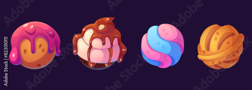Candy planets set isolated on background. Vector cartoon illustration of sweet ice cream ball, biscuit cake decorated with chocolate, pink icing and caramel, magic confectionery land design elements
