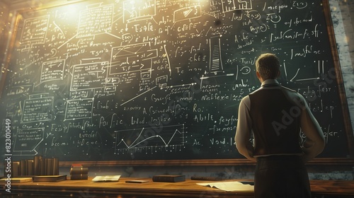A scientist stands before a chalkboard filled with complex equations and formulas, deep in thought, in a vintage study room setting.