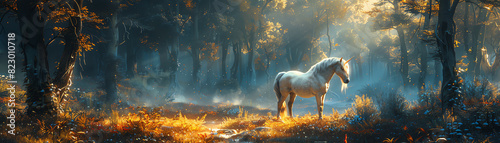 A majestic white unicorn stands in a sunlit forest