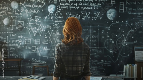Woman in plaid shirt facing a blackboard filled with mathematical equations and diagrams, symbolizing problem-solving and education.