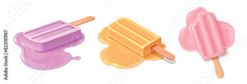 Melting ice cream set isolated on white background. Vector realistic illustration of sweet purple, yellow, pink fruit or vanilla dessert on wooden stick, restaurant menu, food shop design elements