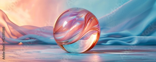 An abstract design inside a glass paperweight refracts light against an isolated cerulean background