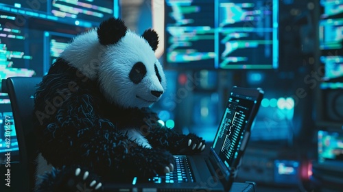 a panda sitting with a laptop