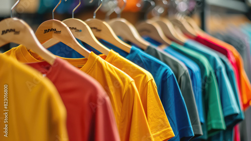 A collection colorful t-shirts on hang for sale in shop. Multicolored T shirts summer top on a wooden clothes hanger in clothing rack over.