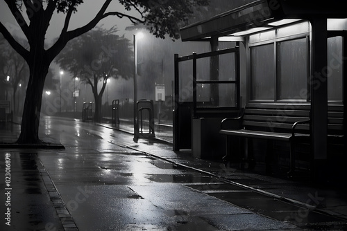 An empty bus stop in a rainy day