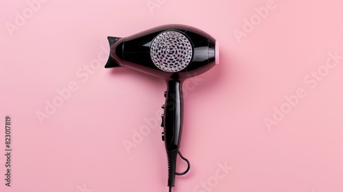 Ionic and tourmaline hair dryer in a top-down view, isolated background, professional studio lighting, advertising advanced technology reducing frizz and static