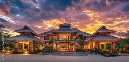A lavish tropical villa with an open design, thatched roofs, and a private beach front, captured under the vibrant colors of a tropical sunset. 32k, full ultra hd, high resolution