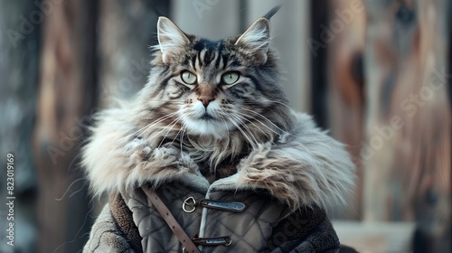 Majestic Norwegian Forest Cat Wearing Viking Outfit on Pastel Background