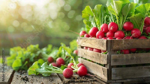 A crate of fresh radishes with green leaves on a wooden table in a garden setting, illuminated by morning sunlight.