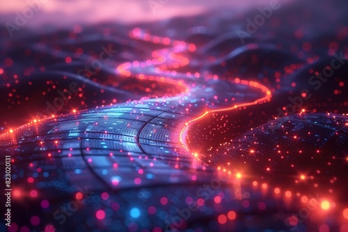 Abstract technology background. As we navigate the digital maze, neon lights serve as our guideposts, leading us towards new frontiers of exploration and discovery.