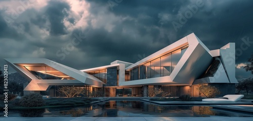 A luxury villa with a futuristic design, featuring geometric shapes and a monochromatic color scheme, set against a dramatic stormy sky. 32k, full ultra hd, high resolution
