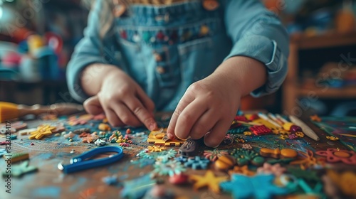 Children playing and learning, Child engaging in a creative activity, assembling colorful puzzle pieces on a wooden table, with focus on hands and puzzle details.