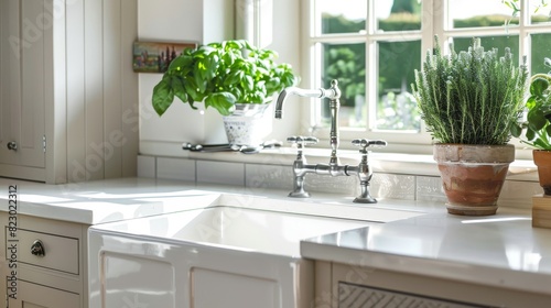 High-end kitchen with a traditional farmhouse sink, close-up shot of the exposed front panel and deep basin, perfect blend of style and utility