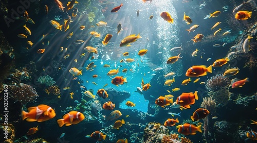 Children playing and learning, Vibrant underwater scene with colorful tropical fish swimming among coral reefs, illuminated by sunlight streaming through the water.
