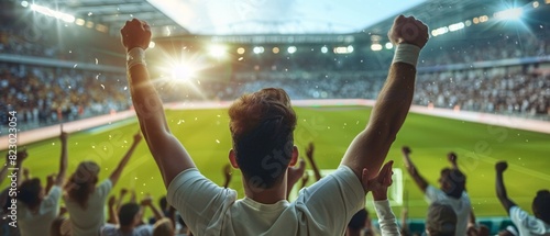 illustration of many sports fans cheering victory together happily and excited to watch their favorite football team in the football soccer stadium. Cheering sports fans wear white shirts.