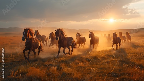 Amidst rolling plains of Mongolia a herd of wild horses gallops freely across the open steppe