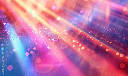 Illustrate a background that captures the essence of dreamy, blurred rainbow laser lights with a surreal, colorful holographic flare , Generate AI