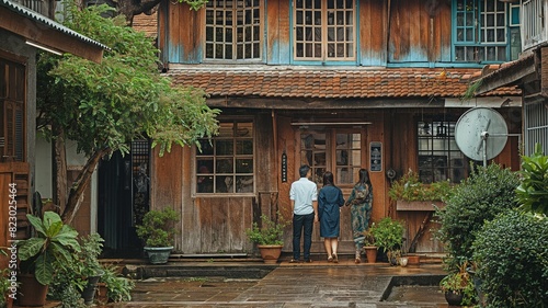 Businesspeople from Asia on the street in front of an ancient wooden house