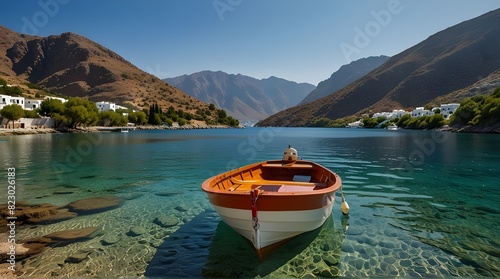 Small motorboat at clear water bay of Loutro town on Crete island.generative.ai