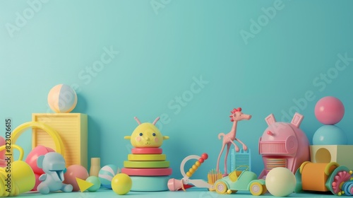Colorful plastic toys on blue background.