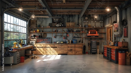 A well-organized, modern garage workshop with an array of tools and storage cabinets. 
