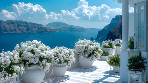 A serene view of a balcony with white flowers overlooking the blue sea and cliffs under a clear sky in Santorini, Greece. 