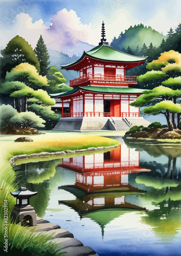 a painting of a pagoda and a pond