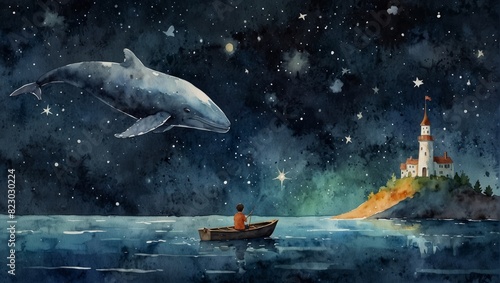 A boy riding a whale under a romantic starry sky. Illustration of healing department. Watercolor illustration