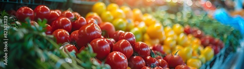 Close-up shots of tomatoes in local markets with reusable products
