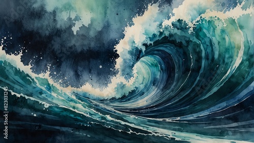 An abstract depiction of a powerful ocean wave, capturing the dynamic interaction of blue, aqua, and teal hues. Watercolor illustration