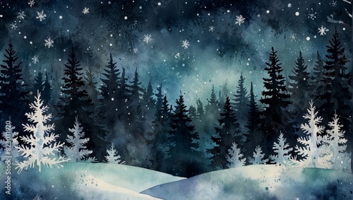 Christmas greeting card with white snowflakes on blue winter night forest background. Watercolor illustration