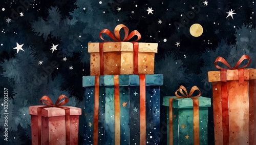 Collection of christmas doodle gift boxes on night sky background. Watercolor illustration