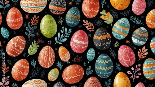 Collection of hand drawn easter doodles. Eggs with easter symbols on blackboard background. Watercolor illustration