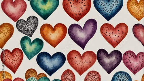 Collection of doodle sketch hearts hand drawn with ink. Watercolor illustration