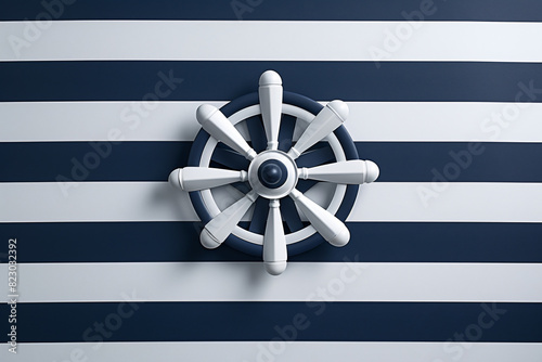 a white and blue ship wheel on a striped surface